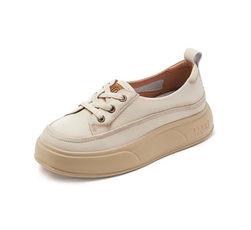 100junzidao Damen Plateauschuhe aus Kunstleder mit Dicker Sohle im Retro Stil erhöhte Trainingsschuhe mit Schnürung leichte und Bequeme Wanderschuhe Beige 35 von 100junzidao