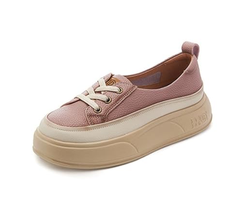 100junzidao Damen Plateauschuhe aus Kunstleder mit Dicker Sohle im Retro Stil erhöhte Trainingsschuhe mit Schnürung leichte und Bequeme Wanderschuhe Rosa 37 von 100junzidao