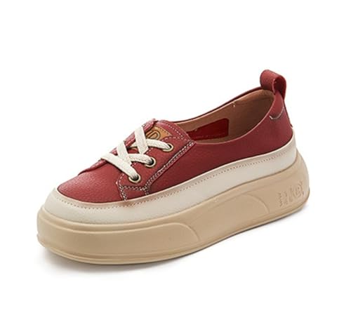 100junzidao Damen Plateauschuhe aus Kunstleder mit Dicker Sohle im Retro Stil erhöhte Trainingsschuhe mit Schnürung leichte und Bequeme Wanderschuhe Rot 39 von 100junzidao