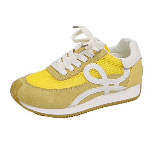 100junzidao Damen-Plateausneaker im koreanischen Ins-Stil Atmungsaktive Mesh-Freizeitschuhe 3 cm Absatzhöhe Schnürschuhe Wanderschuhe Gelb 38 von 100junzidao
