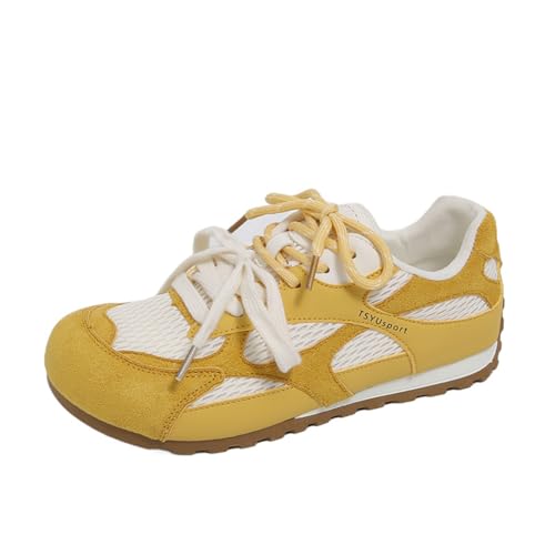 100junzidao Damen-Plateausneaker im koreanischen Ins-Stil Atmungsaktive Mesh-Freizeitschuhe 4 cm Dicke Sohle Schnürschuhe Alltagsschuhe Gelb 38 von 100junzidao