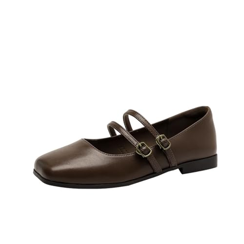 100junzidao Damen Quadrat Kopf Mary Jane Schuhe Frühling und Herbst Flachboden Retro Gericht Oma Schuhe Fee Bequem Geschlossen Mund Hochzeit Ballett Heels Braun 36 von 100junzidao