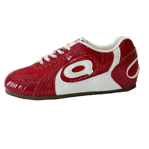 100junzidao Damen Retro Farbblock-Sneaker Leder PU Flache Trainings-Sneaker Casual Schuhe Turbo Design Modische Arbeit Studenten-Sneaker fürs Gehen Rot 37 von 100junzidao