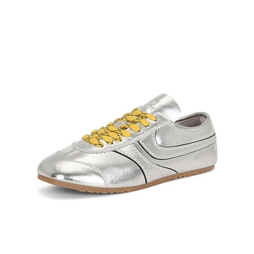 100junzidao Damen-Retro-Trainingsschuhe Flache Wildleder-Sneaker Damen-Wander-, Tennis- und Fitnessschuhe für Studentinnen Silber 37 von 100junzidao