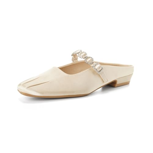 100junzidao Damen Schuhe mit eckiger Spitze geschlossener Spitze Satin Absatz französischen Strasssteinen süßem rutschfestem Design für Hochzeiten und Bankette bequem und elegant Hausschuhe Beige 36 von 100junzidao