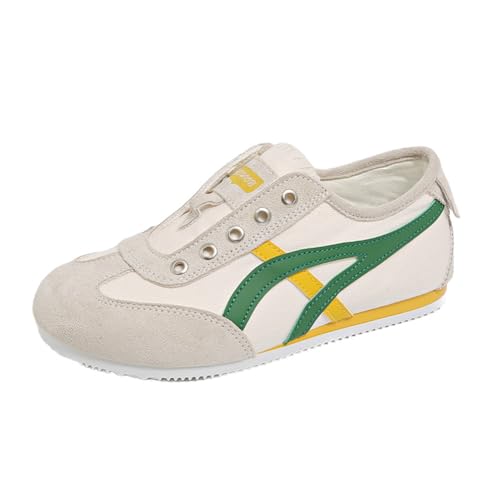 100junzidao Damen-Slip-On-Freizeit-Sneakers im Deutschen Trainingsstil mit Manschettendetail Plateau-Wanderschuhe Leicht zu tragende Bequeme Flache Schuhe Grün 38 von 100junzidao