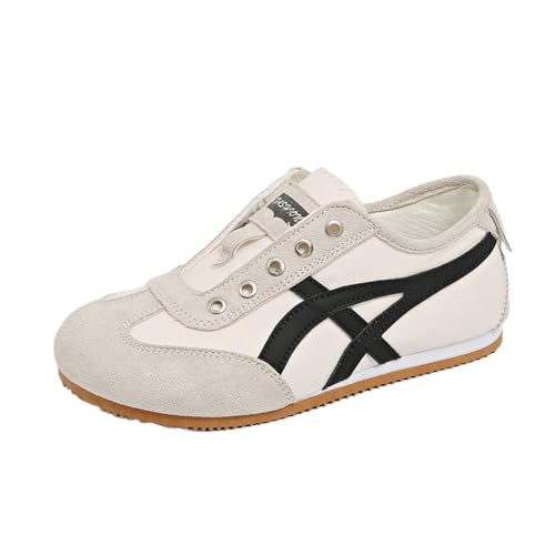 100junzidao Damen-Slip-On-Freizeit-Sneakers im Deutschen Trainingsstil mit Manschettendetail Plateau-Wanderschuhe Leicht zu tragende Bequeme Flache Schuhe Schwarz 39 von 100junzidao