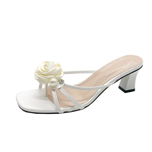 100junzidao Damen Slipper mit Spaghettiträgern Perlenblume Flache Sohle Elegante Abendschuhe Sommer Temperament bequem offene Zehen Abend und Hochzeitsschuhe von 100junzidao