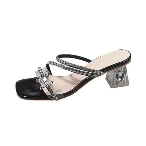 100junzidao Damen Slipper mit hohem Absatz Strasssteinchen Schmetterlingsverzierung Quadratische Zehenpartie Bequeme Flache Elegante Hochzeitsschuhe von 100junzidao