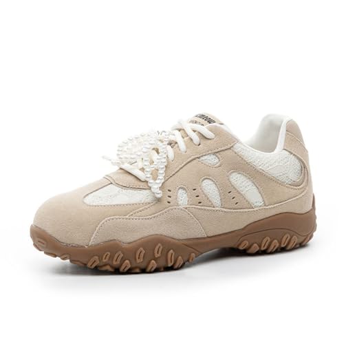 100junzidao Damen Sneaker aus Leder mit Dicker Sohle Plateausohle Sweet Pearl Schnürung Ballett Jogging Schuhe Mesh atmungsaktiv lässig erhöhte Mode Sneaker Braun 37 von 100junzidao