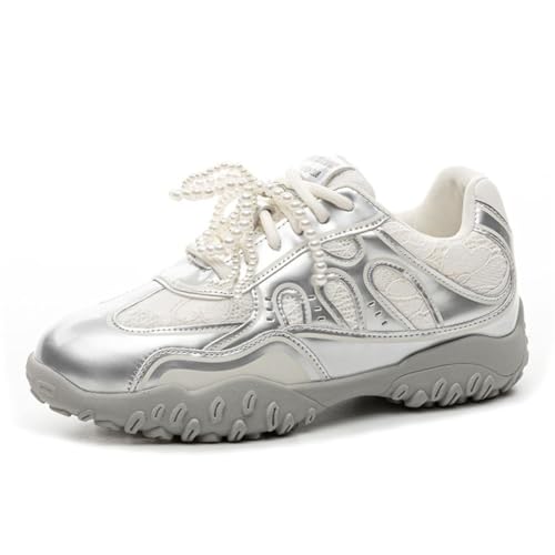 100junzidao Damen Sneaker aus Leder mit Dicker Sohle Plateausohle Sweet Pearl Schnürung Ballett Jogging Schuhe Mesh atmungsaktiv lässig erhöhte Mode Sneaker Silber 35 von 100junzidao