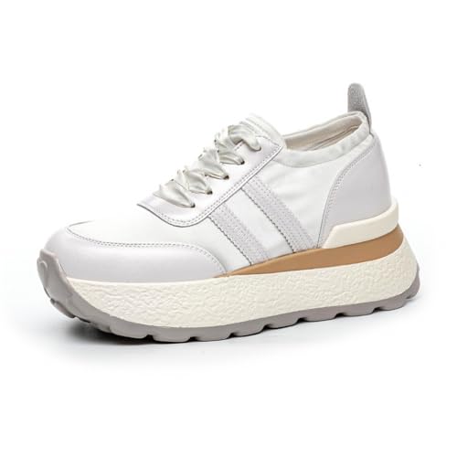 100junzidao Damen Sneaker aus Satin mit Dicker Sohle Plateauschuhe aus Leder mit Schnürung Klassische Freizeitschuhe atmungsaktiv erhöhte leichte Fitness Laufschuhe Beige 37 von 100junzidao
