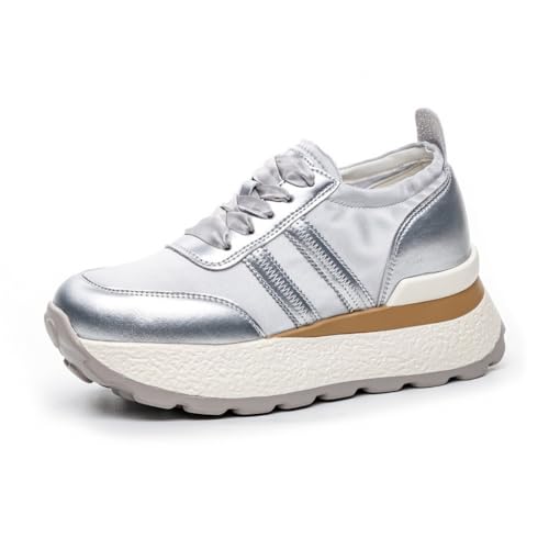 100junzidao Damen Sneaker aus Satin mit Dicker Sohle Plateauschuhe aus Leder mit Schnürung Klassische Freizeitschuhe atmungsaktiv erhöhte leichte Fitness Laufschuhe Silber 39 von 100junzidao