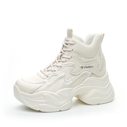 100junzidao Damen Sneaker mit Dicker Sohle Casual Schnürschuhe Leder Bequeme Wanderschuhe Atmungsaktive Plateauschuhe Leichte einfache Laufschuhe von 100junzidao