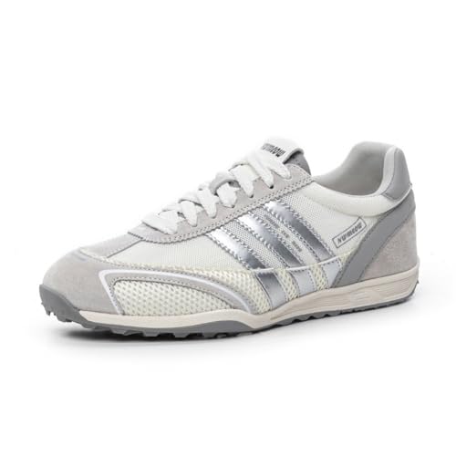 100junzidao Damen Sneaker mit Plateausohle Dicker Sohle Mesh atmungsaktiv klassisch Schnürung Leder leicht lässig Tennis Lauf Walking und Trainingsschuhe Beige 38 von 100junzidao