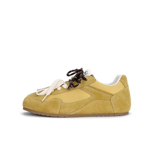 100junzidao Damen-Sneaker mit erhöhtem Absatz Lässige Trainingsschuhe im College-Stil Modische Freizeitschuhe mit doppeltem Riemen Wildleder Retro Gelb 37 von 100junzidao