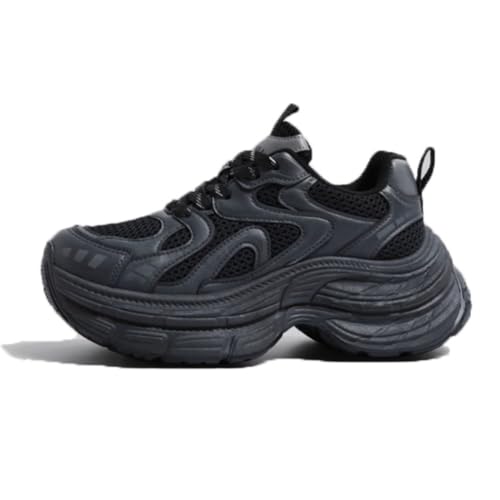 100junzidao Damen Vintage Sneakers Plateau rutschfeste Laufschuhe Leicht Atmungsaktiv Walking Training Runde Zehen Schnürschuhe Einzelschuhe Schwarz 37 von 100junzidao