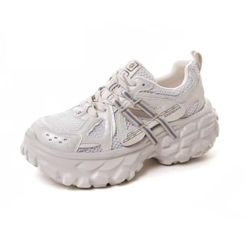 100junzidao Damen Wanderschuhe mit Plateau atmungsaktives Mesh lässig Schnürung Fitness Sneaker bequem leicht Dicke Sohle modisch Laufschuhe Beige 38 von 100junzidao