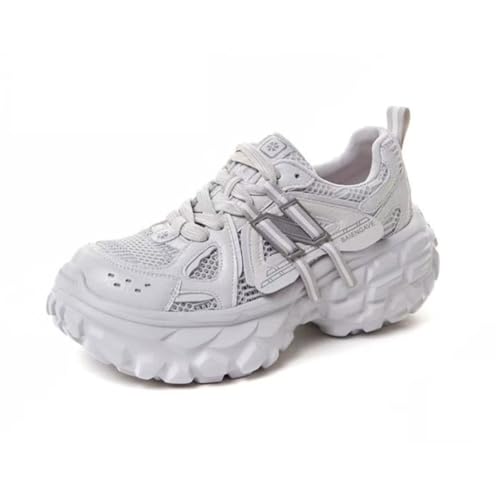 100junzidao Damen Wanderschuhe mit Plateau atmungsaktives Mesh lässig Schnürung Fitness Sneaker bequem leicht Dicke Sohle modisch Laufschuhe Grau 38 von 100junzidao