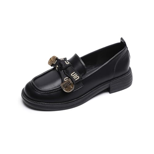 100junzidao Damen rutschfeste Lefou Schuhe Frühling und Herbst England Stil Retro Schleife Einfache Dating Schuhe Süße Flache Bequeme Party Formale Kleid Heels Schwarz 40 von 100junzidao