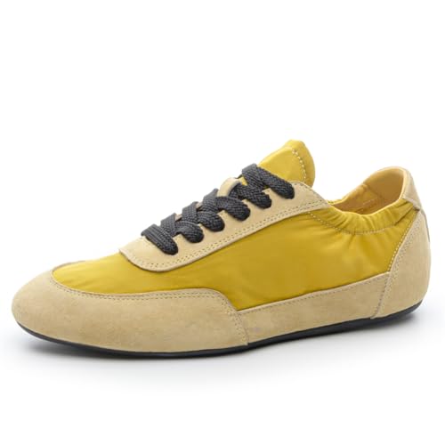 100junzidao Damen weiche Leder-Retro-Ballett-Derby-Sneaker Weiche Sohle Bequeme Schnürschuhe Flache Schuhe Bequeme weiße modische Sport-Wanderschuhe für Damen Gelb 38 von 100junzidao