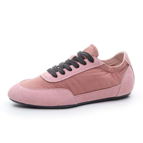100junzidao Damen weiche Leder-Retro-Ballett-Derby-Sneaker Weiche Sohle Bequeme Schnürschuhe Flache Schuhe Bequeme weiße modische Sport-Wanderschuhe für Damen Rosa 38 von 100junzidao