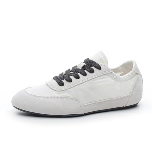 100junzidao Damen weiche Leder-Retro-Ballett-Derby-Sneaker Weiche Sohle Bequeme Schnürschuhe Flache Schuhe Bequeme weiße modische Sport-Wanderschuhe für Damen Weiß 39 von 100junzidao