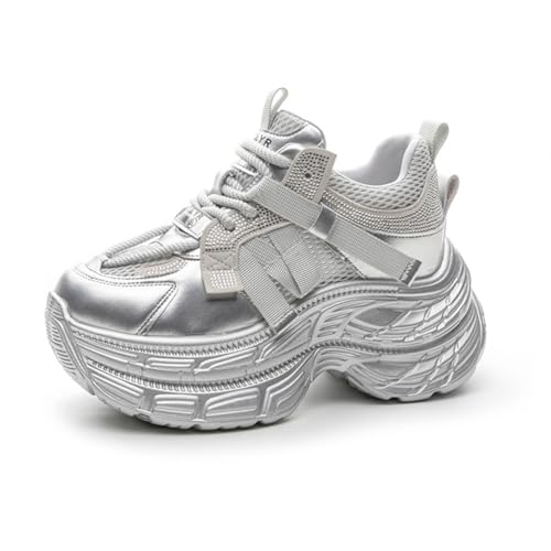 100junzidao Damenmode Plateau Sneakers Lässig Peplum Training Kleiner Leicht Höhe erhöhende Schuhe Laufen Laufen Täglich Einzelschuhe Silber 37 von 100junzidao
