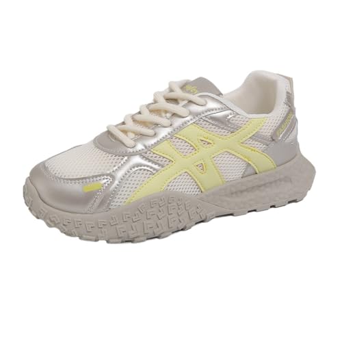 100junzidao Damenschuhe Mode Koreanischer Ins-Stil Lässige Sneakers Atmungsaktive Mesh-Plateausportschuhe Schnürschuhe Low Top Streetwear Gelb 35 von 100junzidao