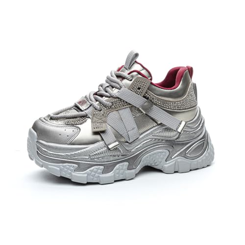 100junzidao Farbblock-Daddy-Schuhe Damen-Plateauschuhe mit schrägem Absatz Sneakers Strasssteine Modische Laufschuhe 8 cm Höhenverstärkung Dünn Grau 38 von 100junzidao