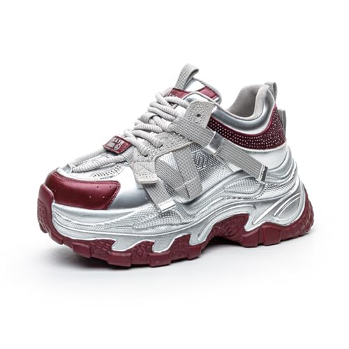 100junzidao Farbblock-Daddy-Schuhe Damen-Plateauschuhe mit schrägem Absatz Sneakers Strasssteine Modische Laufschuhe 8 cm Höhenverstärkung Dünn Rot 36 von 100junzidao