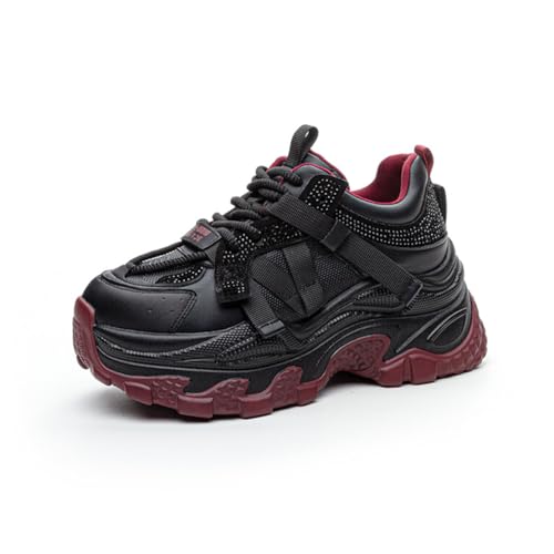 100junzidao Farbblock-Daddy-Schuhe Damen-Plateauschuhe mit schrägem Absatz Sneakers Strasssteine Modische Laufschuhe 8 cm Höhenverstärkung Dünn Schwarz 36 von 100junzidao