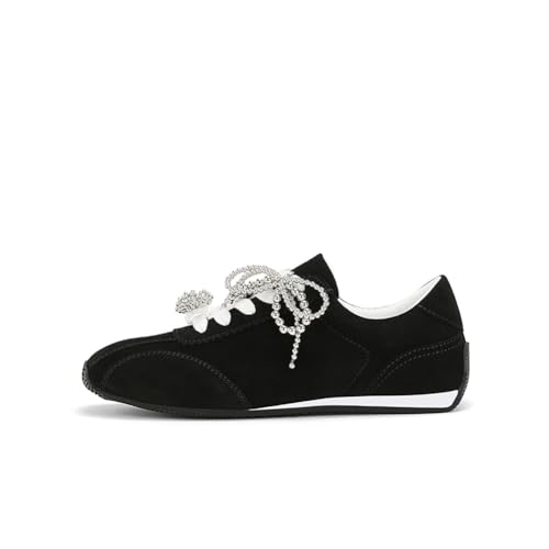 100junzidao Flache Sneaker für Damen Retro-Schuhe mit eckiger Spitze und Perlenverzierung Modische Freizeitschuhe aus Wildleder Leichte Wanderschuhe Schwarz 39 von 100junzidao