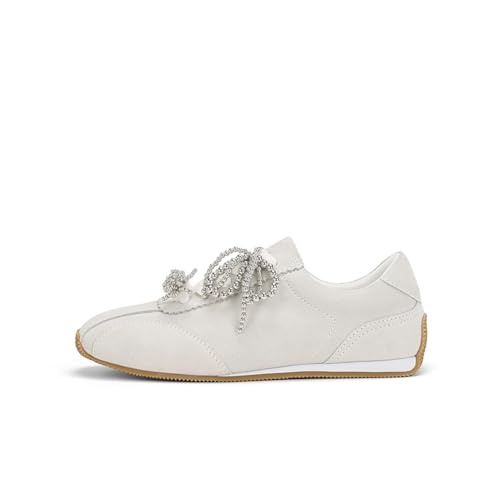 100junzidao Flache Sneaker für Damen Retro-Schuhe mit eckiger Spitze und Perlenverzierung Modische Freizeitschuhe aus Wildleder Leichte Wanderschuhe Weiß 35 von 100junzidao