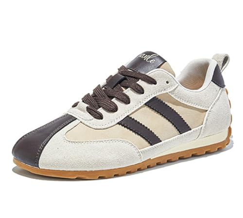 100junzidao Flache Sneakers für Damen Lederplateau Vintage Sneakers im klassischen Stil Freizeitschuhe Dicke Sohle leicht atmungsaktiv Bequeme Trainings und Laufschuhe Braun 38 von 100junzidao