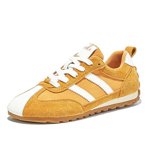 100junzidao Flache Sneakers für Damen Lederplateau Vintage Sneakers im klassischen Stil Freizeitschuhe Dicke Sohle leicht atmungsaktiv Bequeme Trainings und Laufschuhe Gelb 38 von 100junzidao