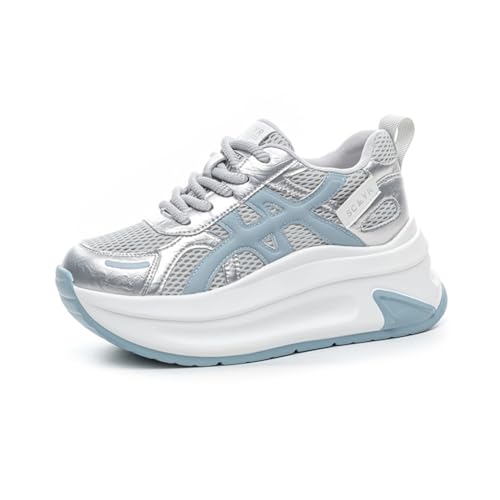 100junzidao Klobige höhenverstärkende Sneaker DamenSchnürschuhe mit Plateau Atmungsaktive MeshWanderschuhe Flache Schuhe für zierliche Damen Silber 39 von 100junzidao