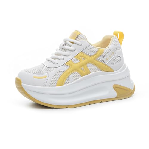 100junzidao Klobige höhenverstärkende Sneaker DamenSchnürschuhe mit Plateau Atmungsaktive MeshWanderschuhe Flache Schuhe für zierliche Damen Weiß 39 von 100junzidao