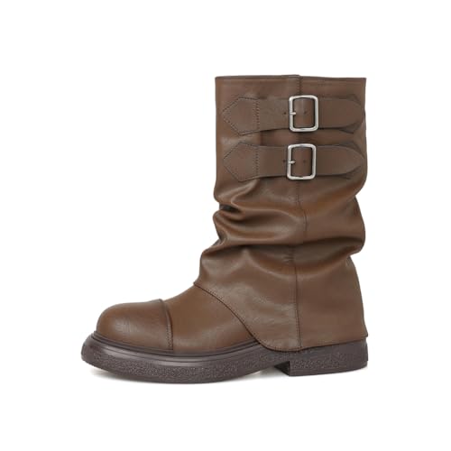 100junzidao Knöchelstiefel mit Dicker Sohle für Damen, Britischer Stil Mittlerer Absatz Modische Stiefeletten, Slip-On rutschfeste Komfort Schuhe für Gehen Arbeit von 100junzidao