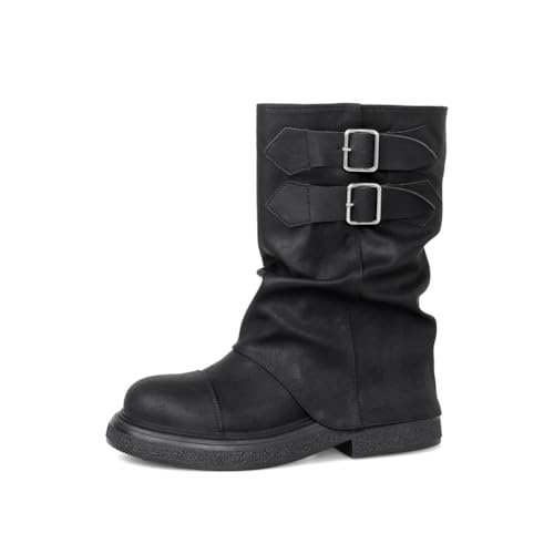 100junzidao Knöchelstiefel mit Dicker Sohle für Damen, Britischer Stil Mittlerer Absatz Modische Stiefeletten, Slip-On rutschfeste Komfort Schuhe für Gehen Arbeit von 100junzidao