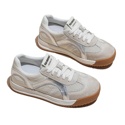 100junzidao Koreanische Stil Plateform Sneakers Damen 8cm Höhenzunahme Leder und Atmungsaktives Mesh Trainingsschuhe Leicht, Bequem mit Fußgewölbeunterstützung von 100junzidao