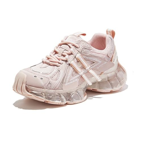 100junzidao Kunstleder Sneakers für Damen mit erhöhter Plattform Dicker Sohle Trainings und Wanderschuhe Klassische Schnürschuhe atmungsaktive Mesh Wanderschuhe leicht Rosa 38 von 100junzidao