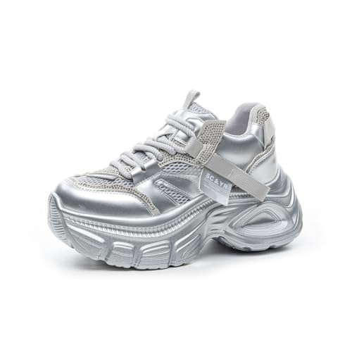 100junzidao Laufschuhe für Damen Mode Innenhöhe verstellbare Sneaker Leder PU Strasssteine Leicht Atmungsaktiv rutschfest Polyurethan Silber 37 von 100junzidao