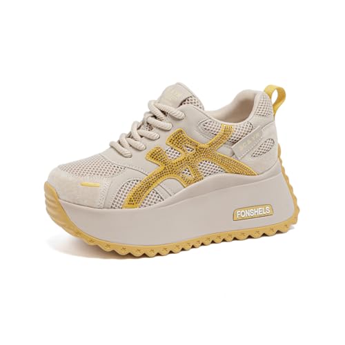 100junzidao Leichte Luxus-Plateausneaker für Damen mit Strasssteinen Modische klobige Trainingsschuhe aus atmungsaktivem Mesh für den Alltag Gelb 38 von 100junzidao