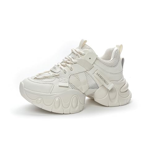 100junzidao Luftkissen-Laufschuhe für Damen Modische Sneakers zur Erhöhung der Körpergröße Mesh-Atmungsaktive Daddy-Schuhe mit schrägem Absatz Lässiges Tanztraining Weiß 35 von 100junzidao