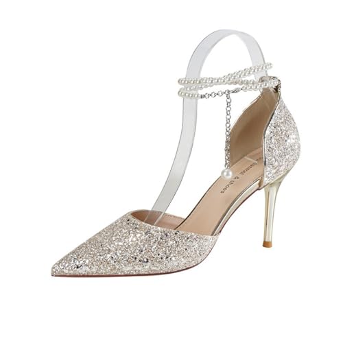 100junzidao Mit Kristallen verzierte Stiletto Heels Sexy mit Perlen und Knöchelriemen Brautschuhe für Damen mit spitzer Zehenpartie Bequem Durchbrochenes Design Schuhe für Bankette und Hochzeiten von 100junzidao