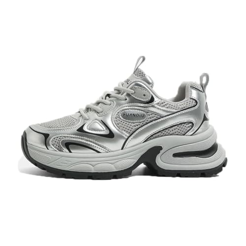 100junzidao Modische Laufschuhe für Damen rutschfest stoßdämpfend leicht Low-Top-Sneakers Dicke Sohle Mesh lässig Einzelschuhe Silber 35 von 100junzidao