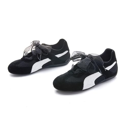 100junzidao Plateau Sneaker mit Dicker Sohle für Damen mit Schleifenverzierung atmungsaktives Mesh lässige Ballett Laufschuhe leichte Bequeme Tennis Laufschuhe Schwarz 37 von 100junzidao