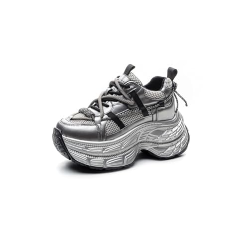 100junzidao Plateau-Sneakers für Damen Lässige modische Sneakers mit Dicker Sohle zur Erhöhung der Körpergröße Leichte Laufschuhe Fitness Slow Walking Einzelschuhe Silber 38 von 100junzidao