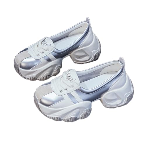 100junzidao PlateauSneaker für Damen mit klobiger Sohle Flache Tasche hundert Meter höhenverstärkend Trainingsschuhe aus Leder und PU bequem rutschfest Alltagsschuhe Weiß 38 von 100junzidao